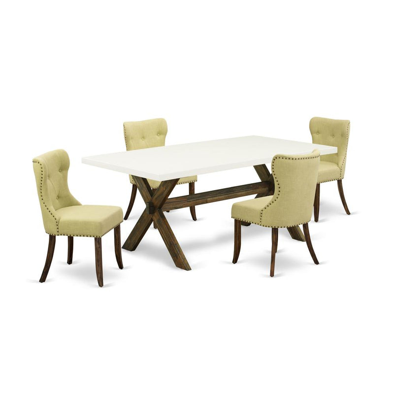 East West Furniture X727SI737-5 5-Piece Modern Dining Table Set- 4 Dining Padded Chairs with Limelight Linen Fabric Seat and Button Tufted Chair Back - Rectangular Table Top & Wooden Cross Legs - Line