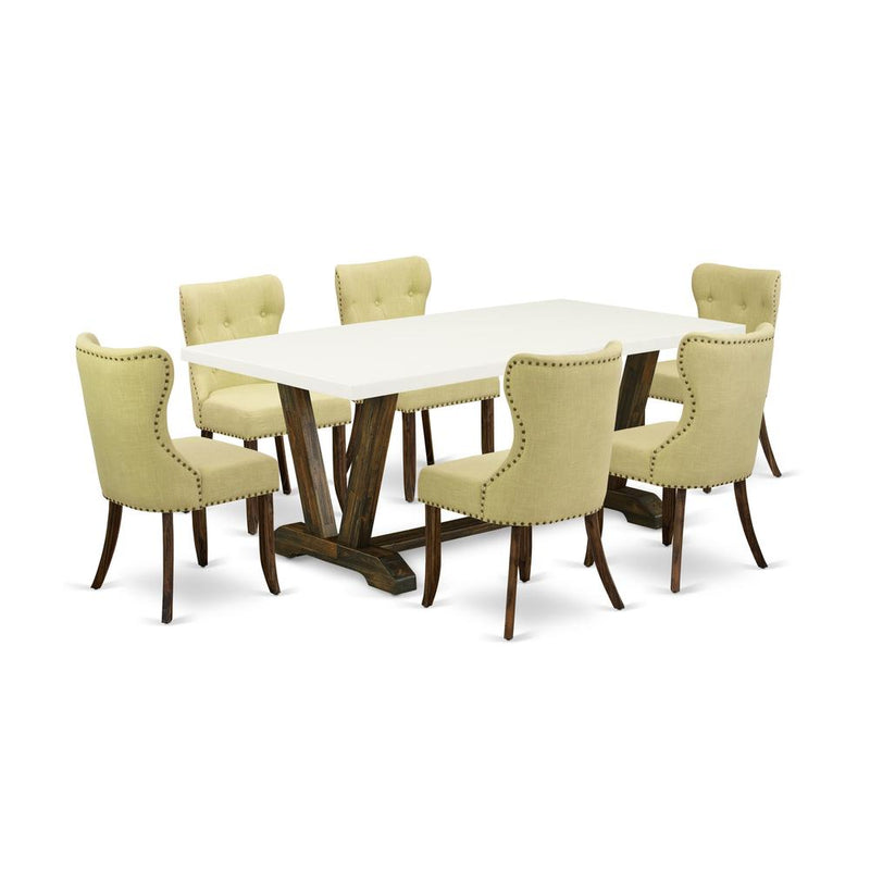 East West Furniture X727SI737-7 7-Piece Kitchen Dining Set- 6 Mid Century Dining Chairs with Limelight Linen Fabric Seat and Button Tufted Chair Back - Rectangular Table Top & Wooden Cross Legs - Line