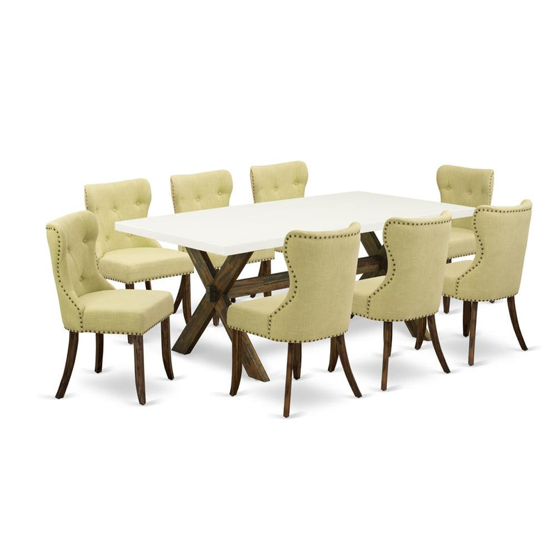 East West Furniture X727SI737-9 9-Piece Modern Dining Set- 8 Parson Chairs with Limelight Linen Fabric Seat and Button Tufted Chair Back - Rectangular Table Top & Wooden Cross Legs - Linen White and D