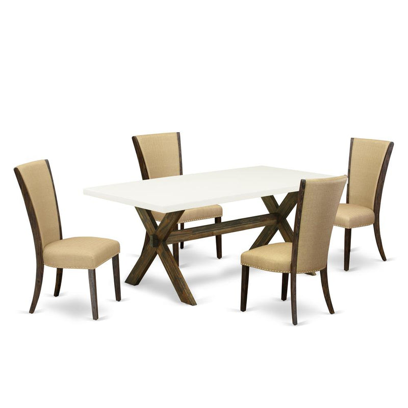 East West Furniture X727VE703-5 5Pc Dinette Set Includes a Rectangular Table and 4 Parson Chairs with Brown Color Linen Fabric, Distressed Jacobean and Linen White Finish