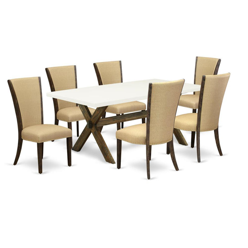 East West Furniture X727VE703-7 7Pc Kitchen Table Set Contains a Dining Room Table and 6 Parson Dining Chairs with Brown Color Linen Fabric, Distressed Jacobean and Linen White Finish