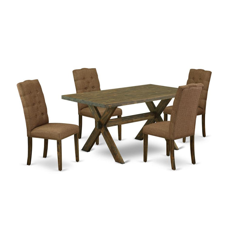 East West Furniture 5-Piece Dining room Table Set Included 4 Dining chairs Upholstered Seat and High Button Tufted Chair Back and Rectangular Dining Table with Distressed Jacobean Mid Century Dining T