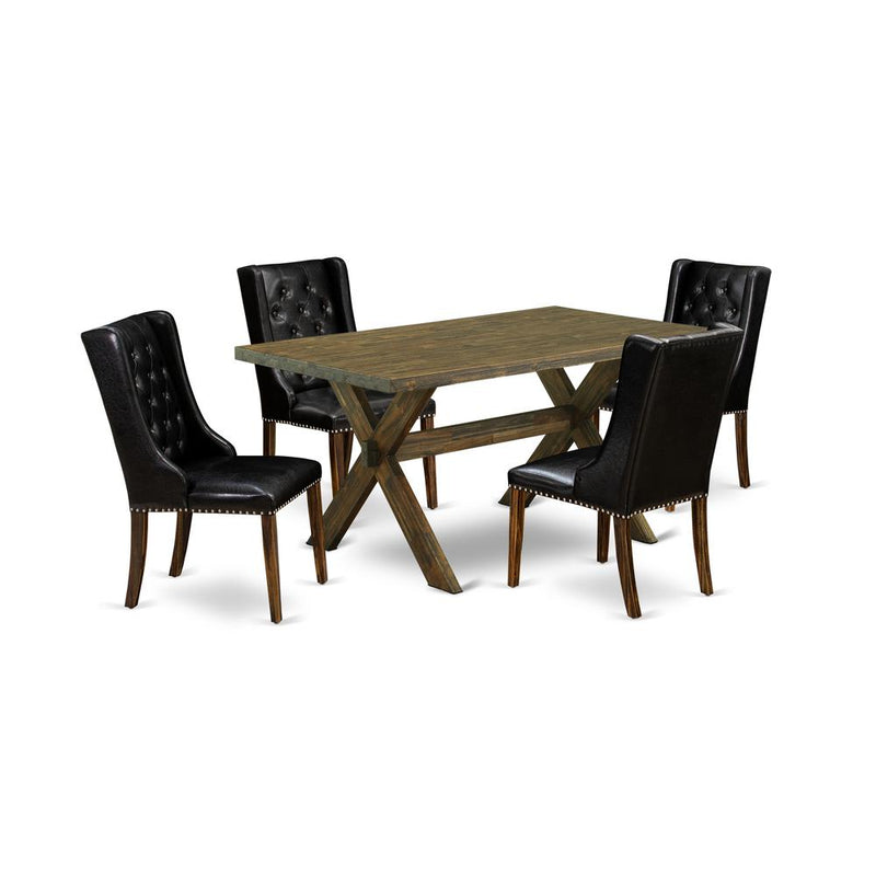 East West Furniture X776FO749-5 - 5 Pc Dining Table Set - 4 Black Pu Leather Upholstered Dining Chairs with Nail heads and Rectangular Table - Distressed Jacobean Finish