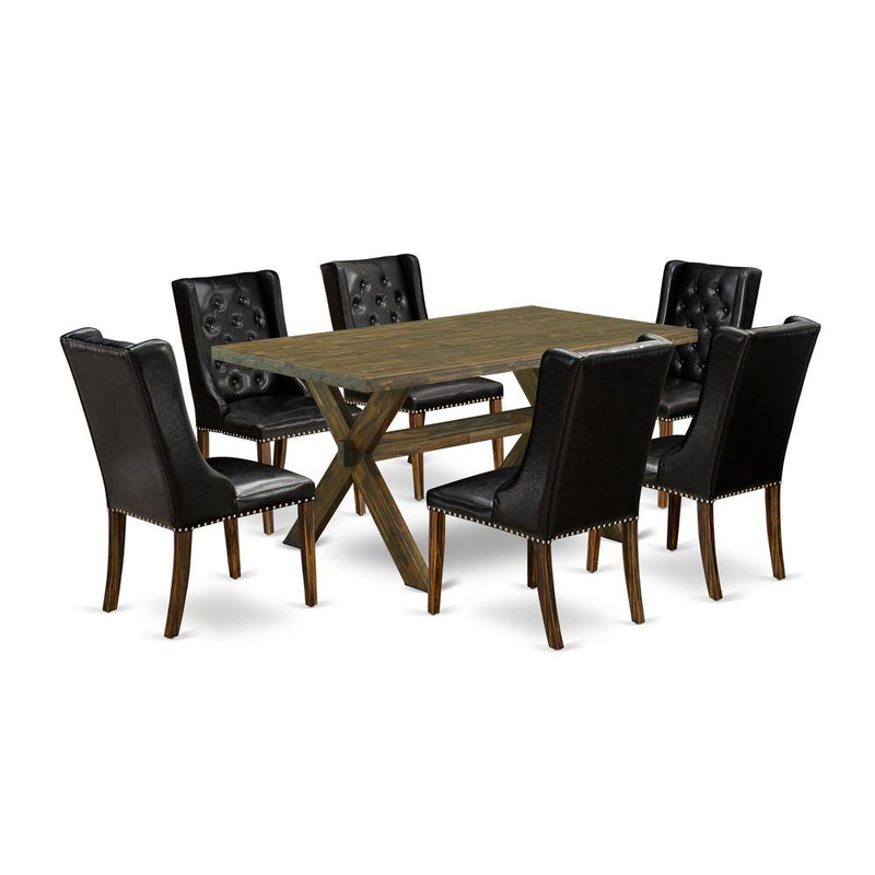 East West Furniture X776FO749-7 7 Piece Dining Room Set - 6 Black Pu Leather Dining Room Chair Button Tufted with Nail heads and Wood Table - Distressed Jacobean Finish