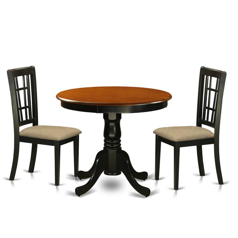 ANNI3-BLK-C 3 PC Dining Table with 2 Linen Chairs in Black and Cherry