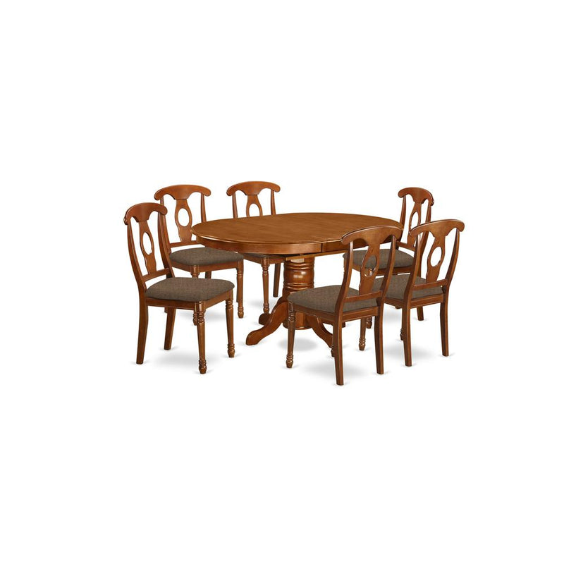 AVNA7-SBR-C 7 Pc Dinette Table with Leaf and 6 Fabric Seat Chairs in Saddle Brown .