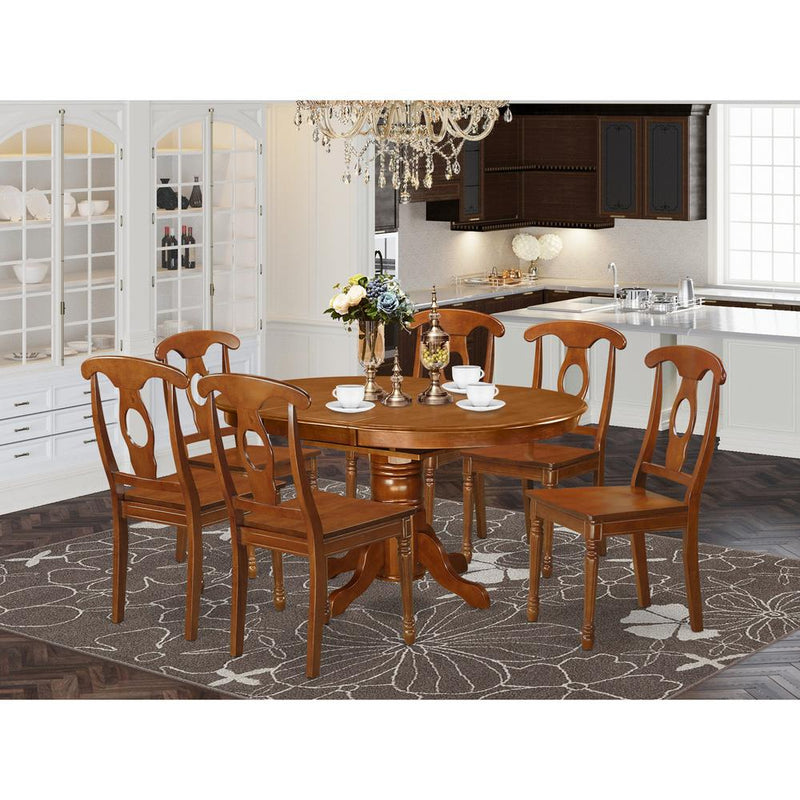 7  Pc  Dining  Table  with  Leaf  and  6  Wood  Kitchen  Chairs  in  Saddle  Brown