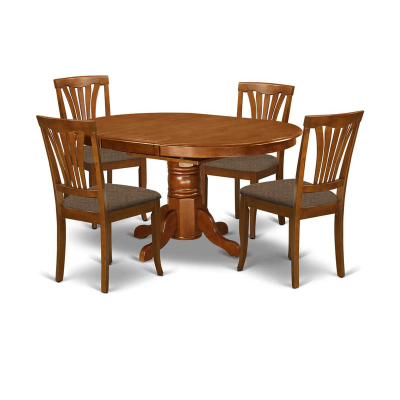 AVON5-SBR-C 5 Pc set Dinette Table featuring Leaf and 4 Fabric Dinette Chairs in Saddle Brown