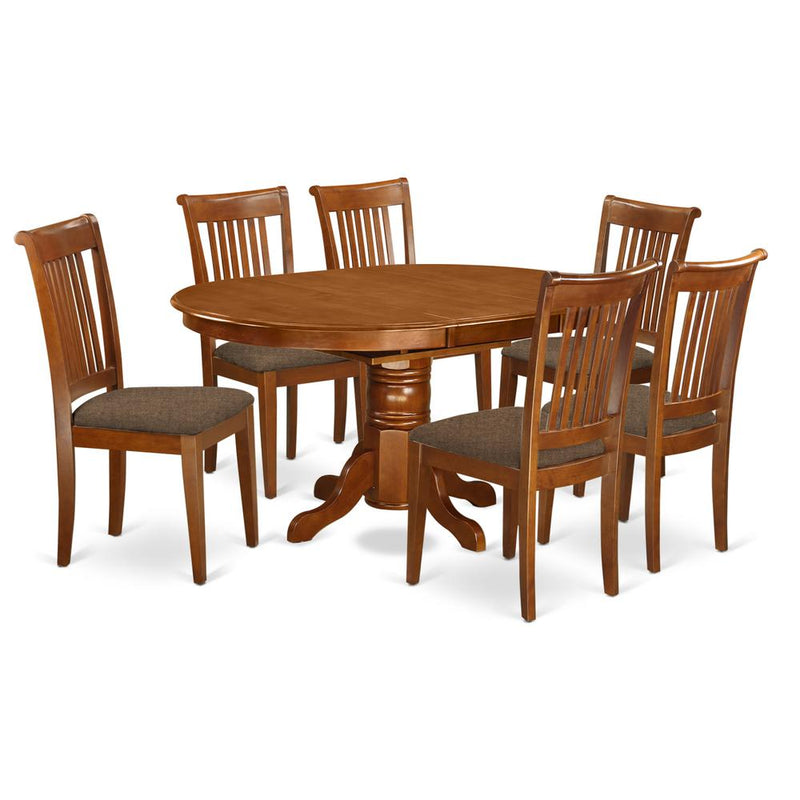 AVPO7-SBR-C 7 Pc set Avon Kitchen Table with Leaf and 6Fabric Dinette Chairs in Saddle Brown