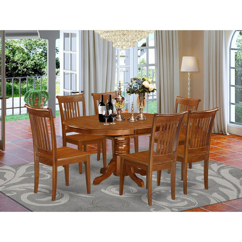 7  Pc  set  Avon  Dinette  Table  with  Leaf  and  6  Wood  Kitchen  Chairs  in  Saddle  Brown