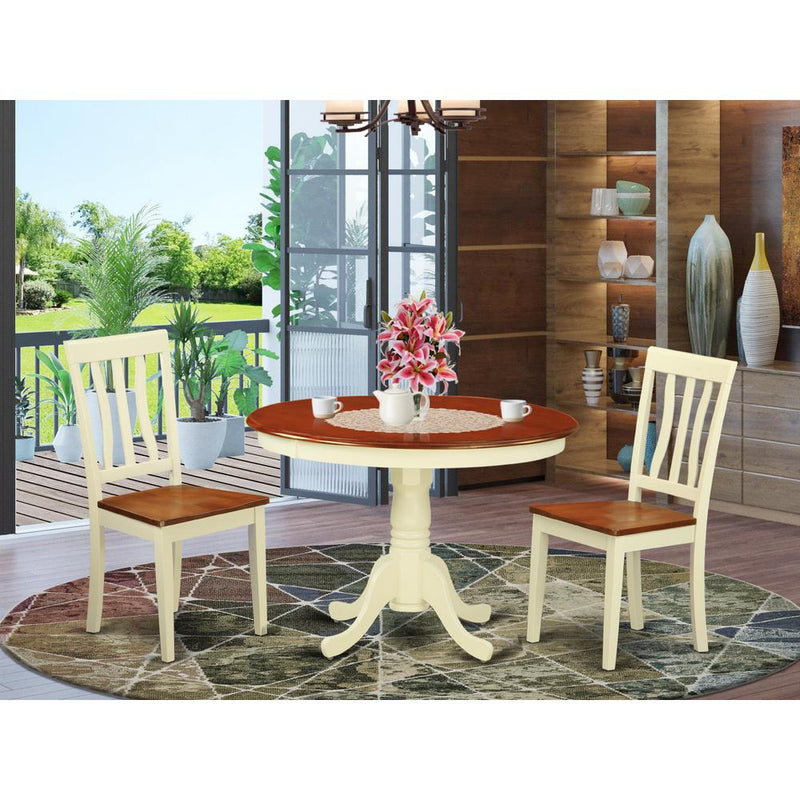 3  Pc  set  with  a  Round  Dinette  Table  and  2  Wood  Kitchen  Chairs  in  Buttermilk  and  Cherry  .