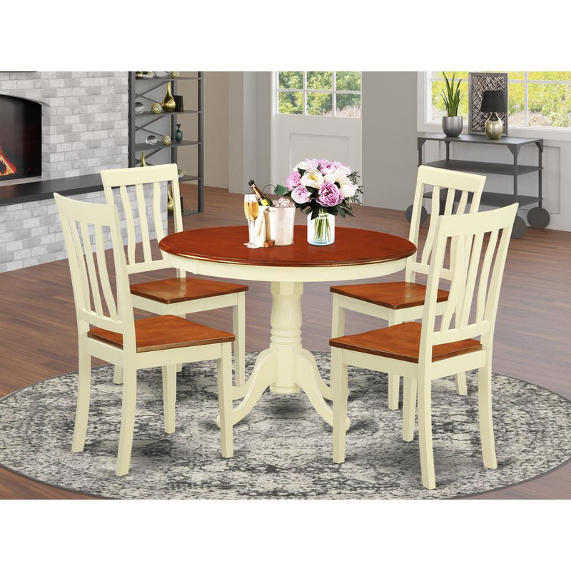 5  Pc  set  with  a  Round  Small  Table  and  4  Wood  Dinette  Chairs  in  Buttermilk  and  Cherry  .