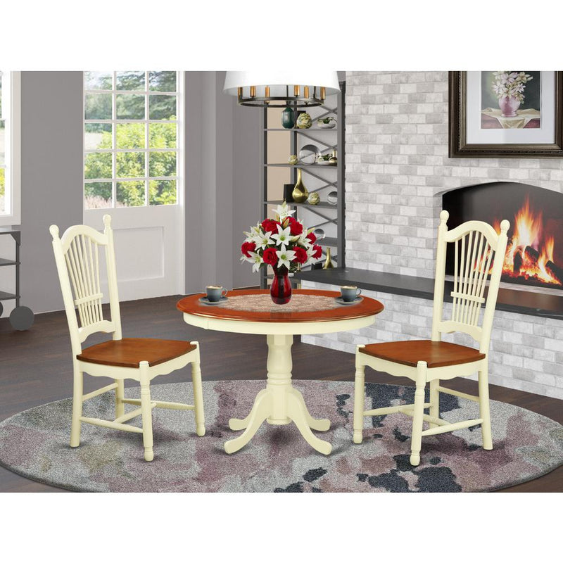 3  Pc  set  with  a  Round  Small  Table  and  2  Leather  Kitchen  Chairs  in  Buttermilk  and  Cherry  .