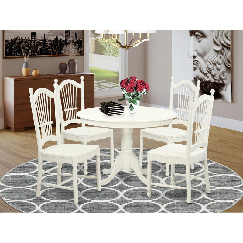 5  Pc  set  with  a  Round  Dinette  Table  and  4  Wood  Dinette  Chairs  in  Linen  White