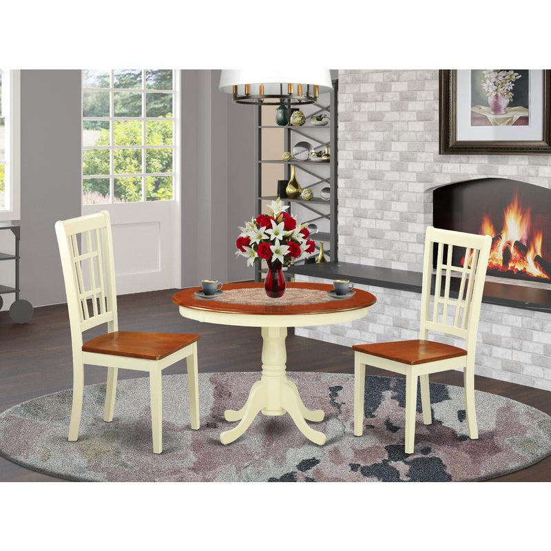 3  Pc  set  with  a  Round  Small  Table  and  2  Wood  Dinette  Chairs  in  Buttermilk  and  Cherry  .