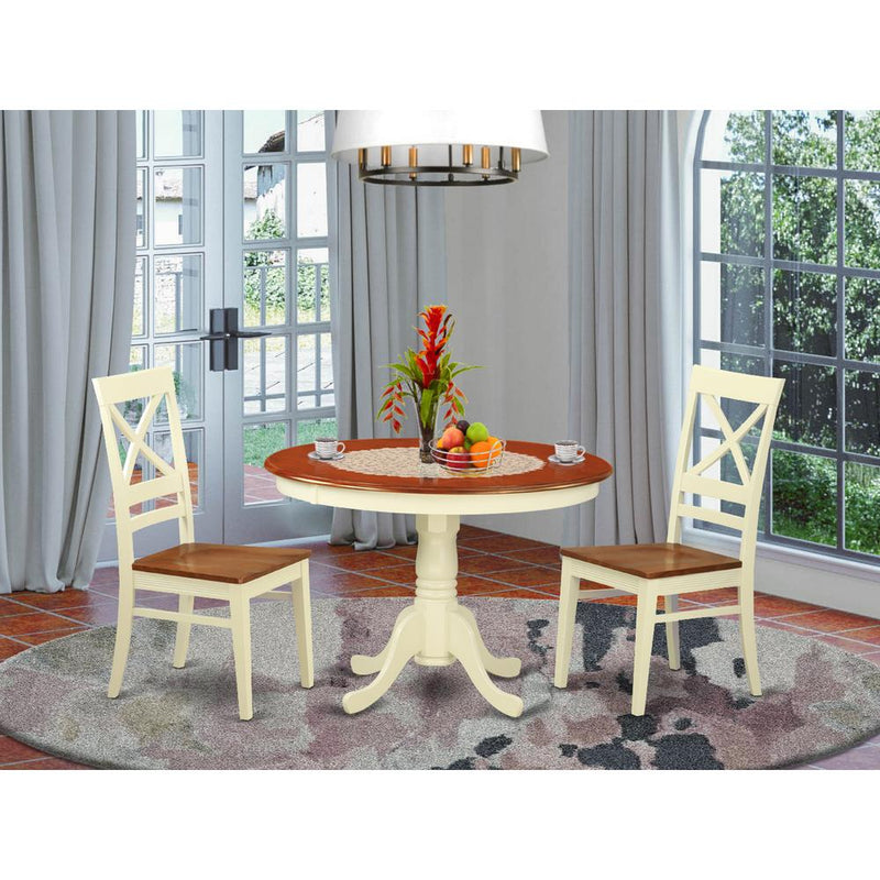 3  Pc  set  with  a  Round  Small  Table  and  2  Leather  Kitchen  Chairs  in  Buttermilk  and  Cherry  .