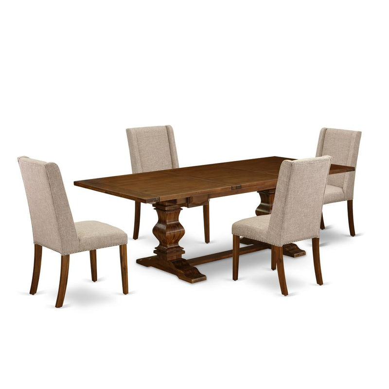 5 Piece Set Includes a Rectangle Dining Room Table with Butterfly Leaf and 4 Light Tan Linen Fabric Upholstered Chairs, 42x92 Inch, Walnut