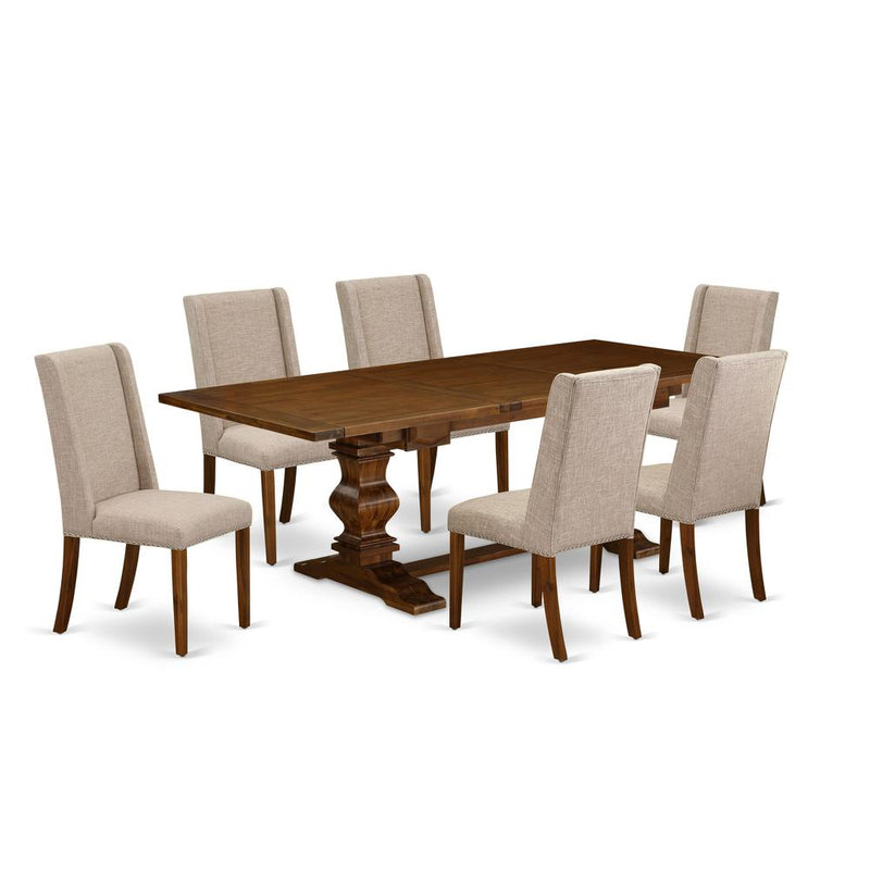 Lassale 7 Piece Kitchen Set Consist of a Rectangle Butterfly Leaf Dining Table and 6 Light Tan Linen Fabric Parson Chairs, 42x92 Inch, Walnut