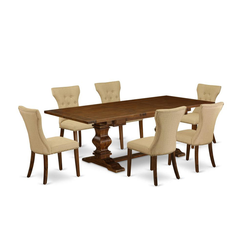 7 Piece Dining Room Table Set Consist of a Rectangle Wooden Table with Removable Leaf and 6 Brown Linen Fabric Upholstered Chairs, 42x92 Inch, Walnut