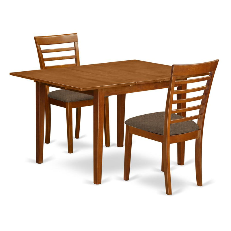 MILA3-SBR-C 3 Pc set Milan Dinette Table with Leaf and 2 Cushiad Dinette Chairs in Saddle Brown .