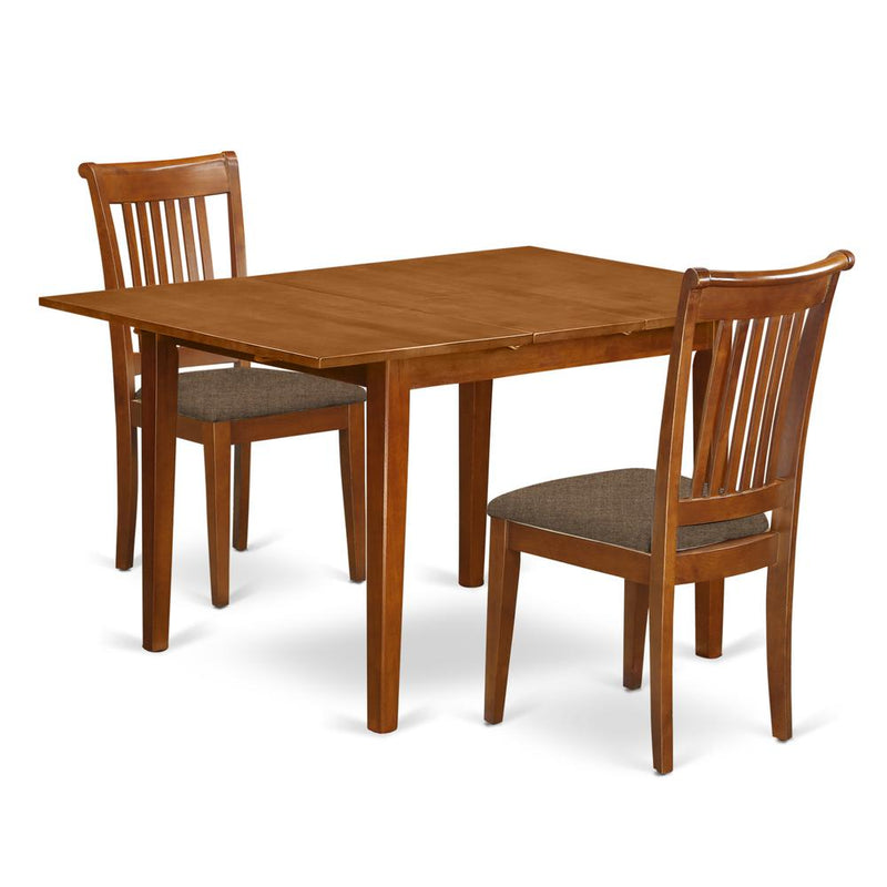 MLPO3-SBR-C 3 Pc set Milan Kitchen Table featuring Leaf and 2 Cushiad Seat Chairs in Saddle Brown .