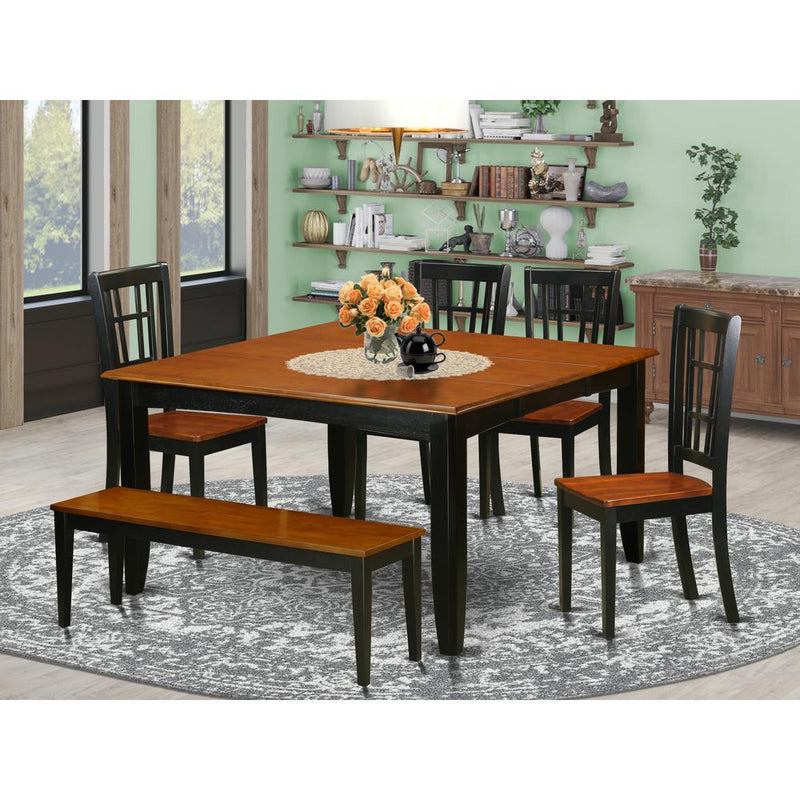 6-PC  Dining  room  set  with  bench-Dining  Table  and  4  Wooden  Dining  Chairs  plus  a  bench