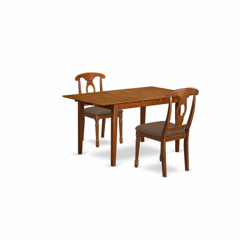 PSNA3-SBR-C 3 PcRectangular Kitchen Table having 12in Leaf and 2Fabric Dinette Chairs in Saddle Brown .