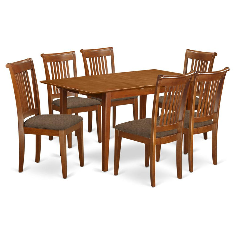 PSPO7-SBR-C 7 Pc set Rectangular Kitchen Table featuring 12" Leaf and 6Fabric Kitchen Chairs in Saddle Brown