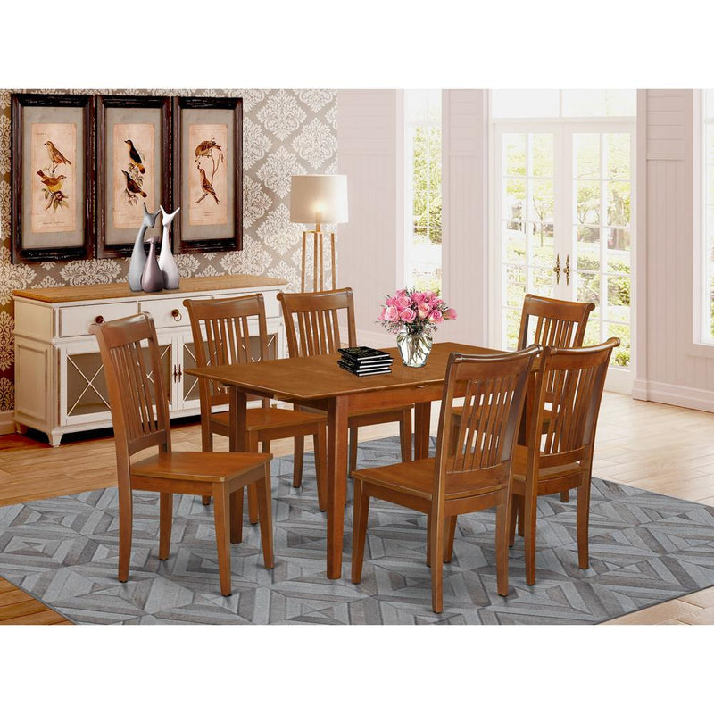 7  Pc  set  Rectangular  Kitchen  Table  having  12   Leaf  and  6  Wood  Dinette  Chairs  in  Saddle  Brown