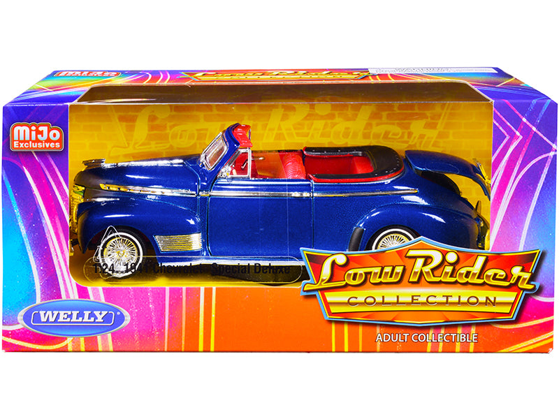 1941 Chevrolet Special Deluxe Convertible Candy Blue Metallic with Red Interior Low Rider Collection 1/24 Diecast Model Car by Welly