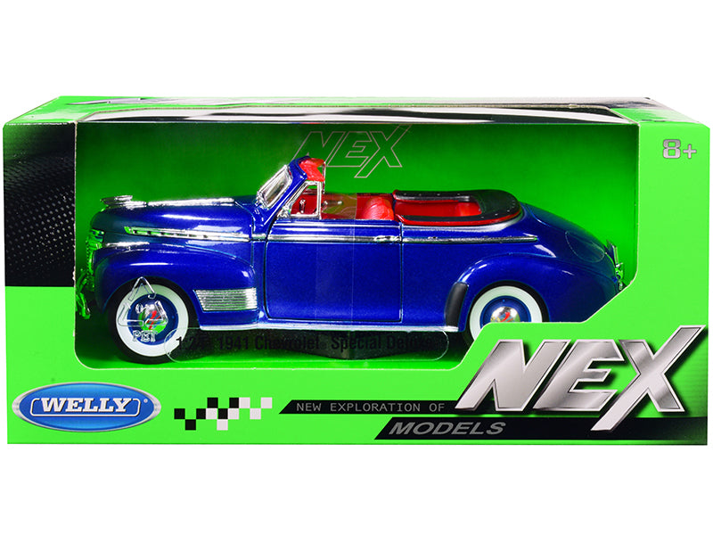 1941 Chevrolet Special Deluxe Convertible Blue Metallic with Red Interior NEX Models 1/24 Diecast Model Car by Welly