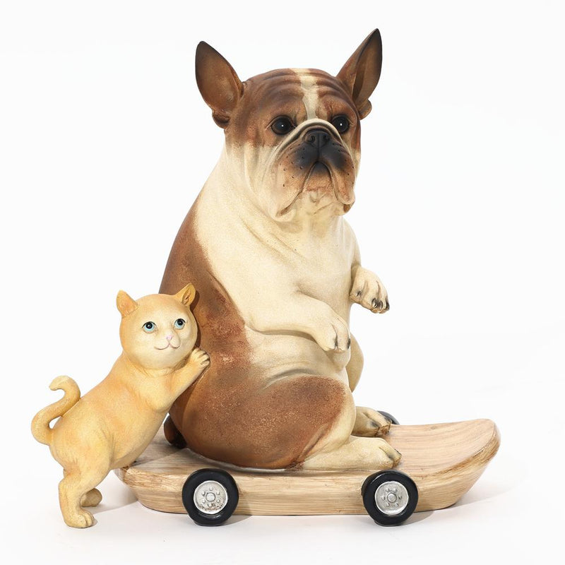 Kitten and Dog with Skateboard Sculpture Resin Statue, Indoor and Outdoor