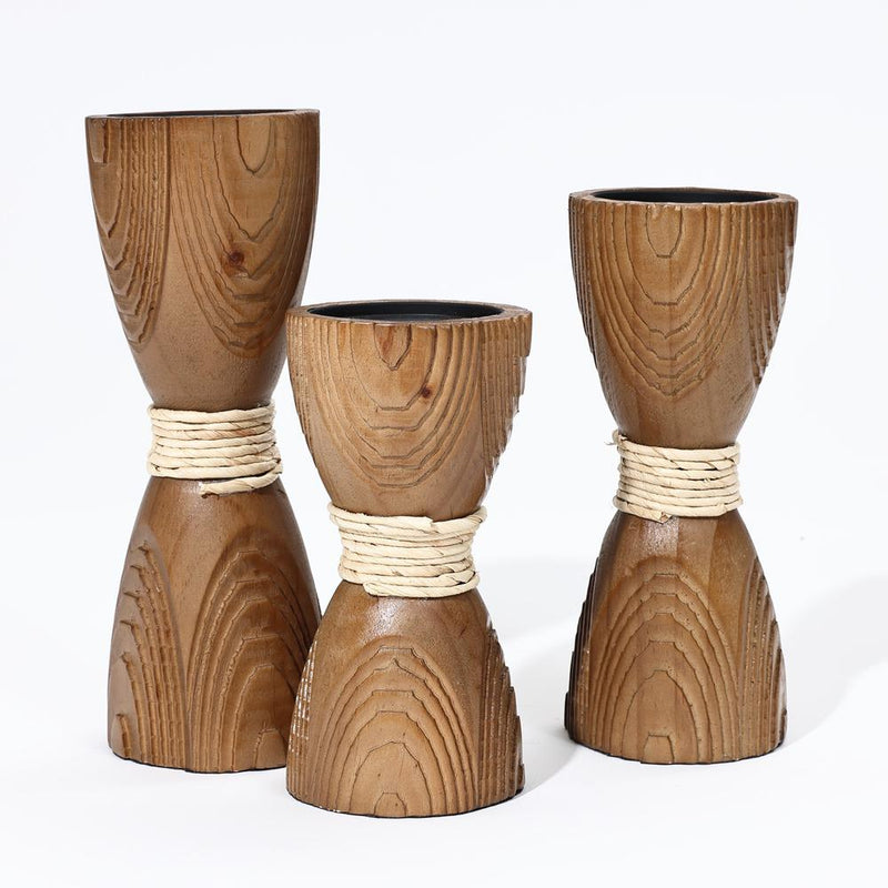 3-Piece Pine Wood with Rattan Pillar Candle Holder Set