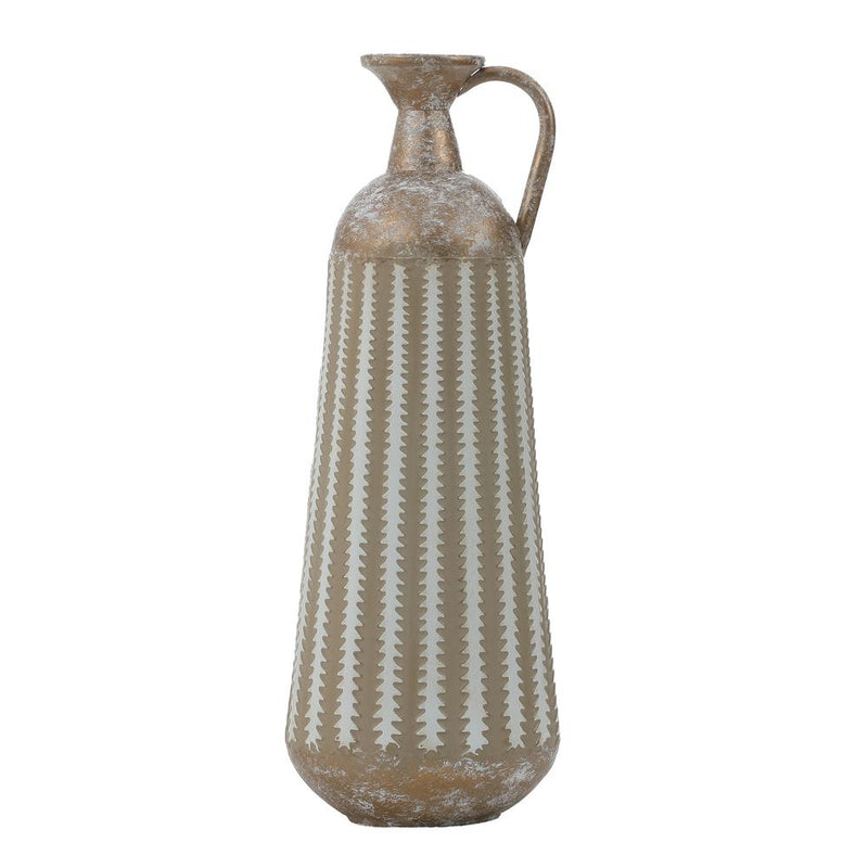 16.75-Inch H Distressed Tan and White Metal Table Pitcher Vase