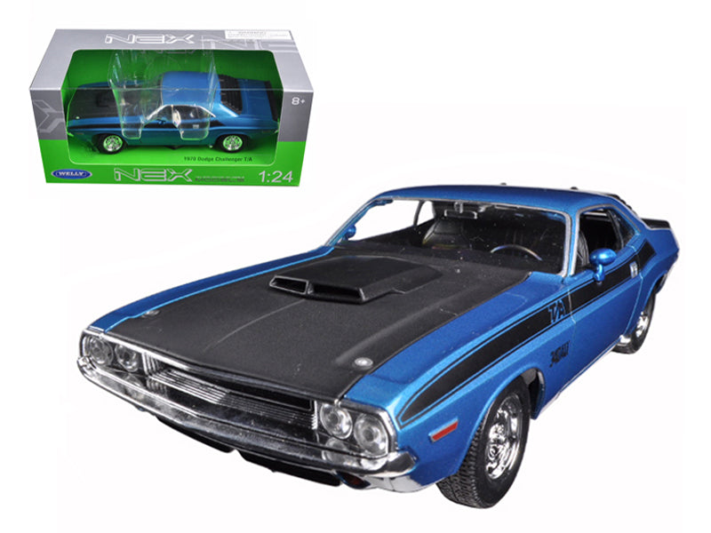 1970 Dodge Challenger T/A Blue Metallic with Black Hood and Black Stripes NEX Models 1/24 Diecast Model Car by Welly