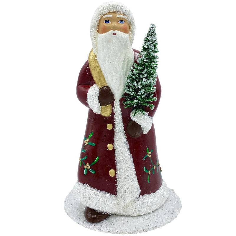 Paper Mache Candy Container -Santa With Red Coat and Mistletoe - Swarovski