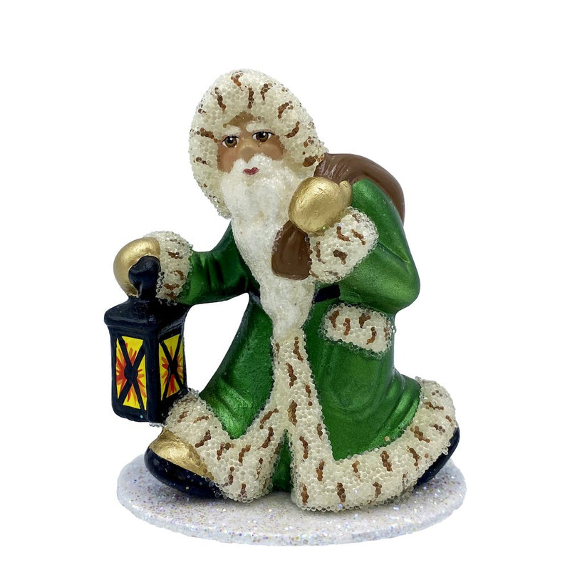 Paper Mache Candy Container - Santa With Lantern and Green Coat