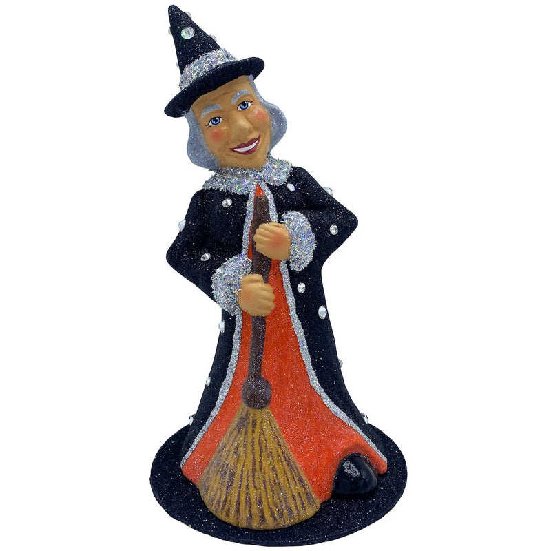 Paper Mache Candy Container - Witch With Broom Decorated in Crystals