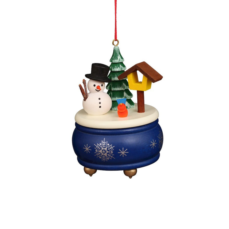 Ornament - Blue Music Box With Snowman - 3"H x 2.5"W x 2.5"D