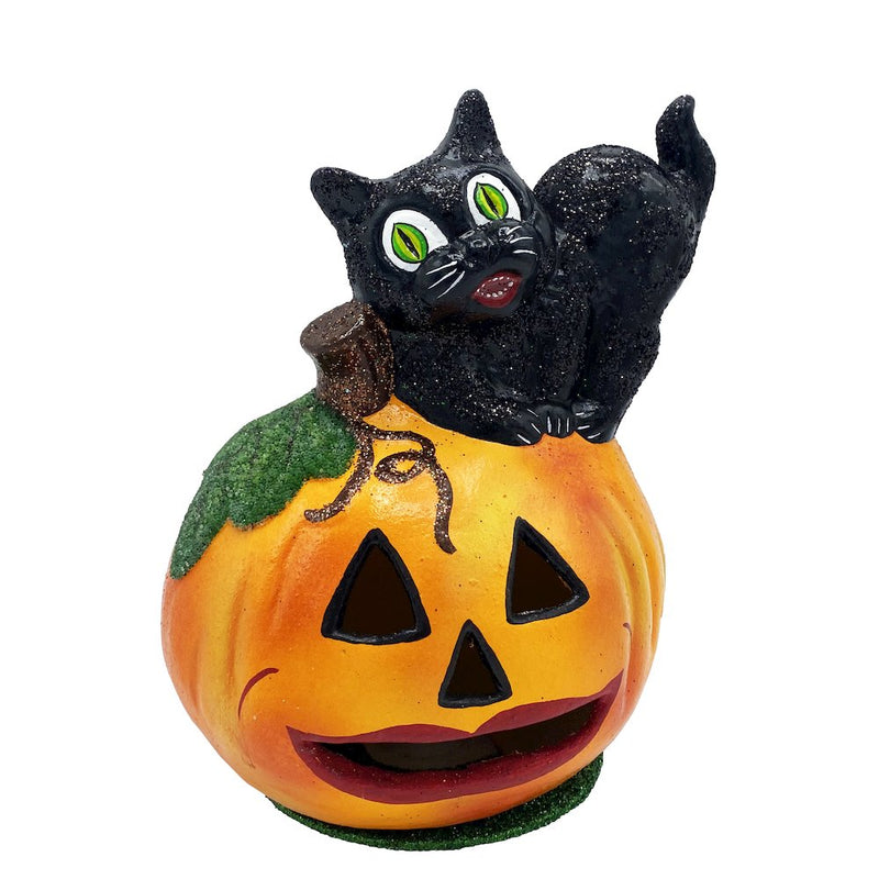 Paper Mache Candy Container - Wide Eyed Cat on Jack-O-Lantern