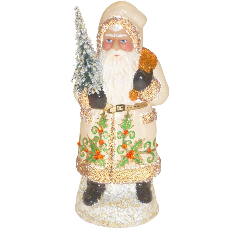 Paper Mache Candy Container - Santa With Cream Coat and Holly Details