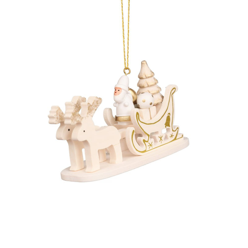 Ornament - White and Gold Sled With Santa - 2.25"H x 1.9"W x .8"D