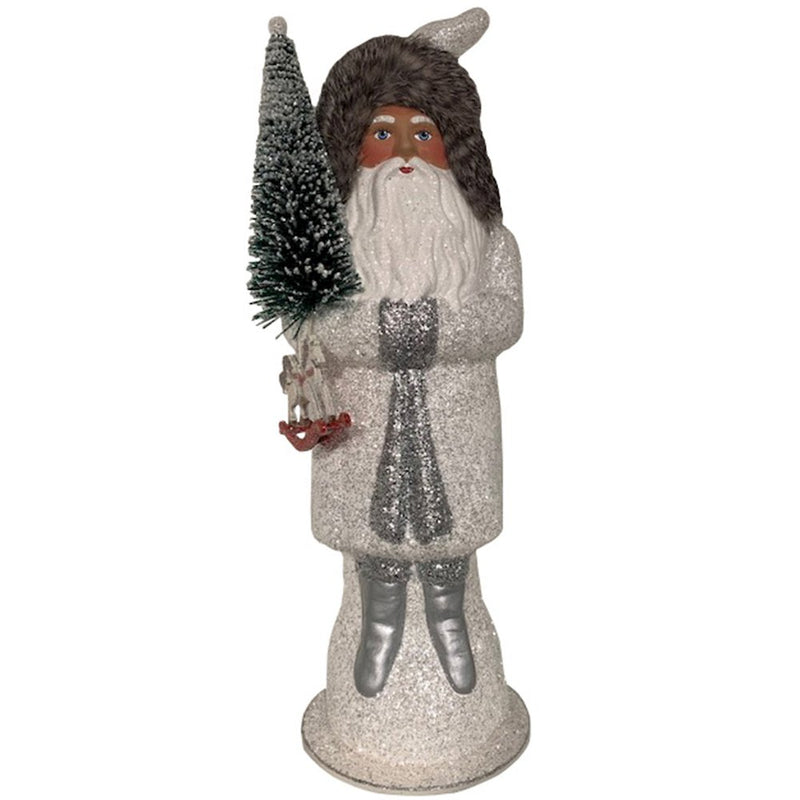 Paper Mache Candy Container -Santa With White Glittered Coat