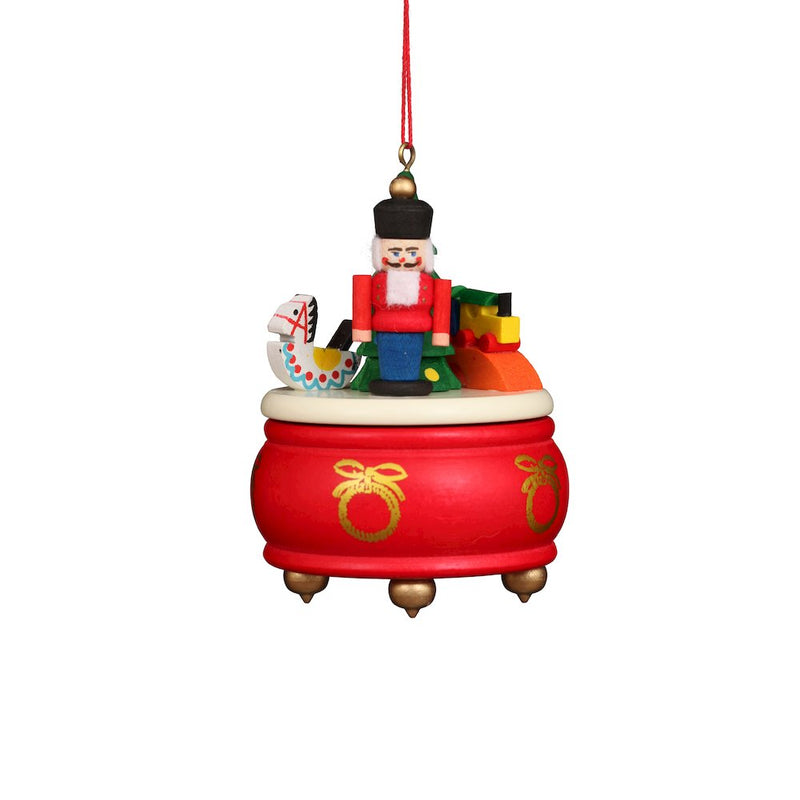 Ornament - Red Music Box With Nutcracker - 3"H x 2.5"W x 2.5"D