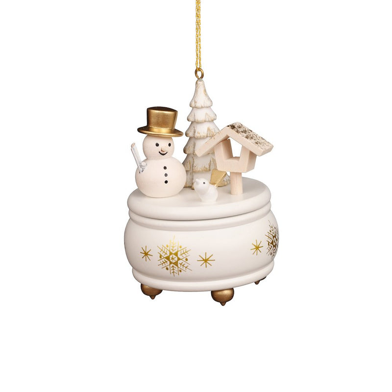 Ornament - White Music Box With Snowman - 3"H x 2.5"W x 2.5"D