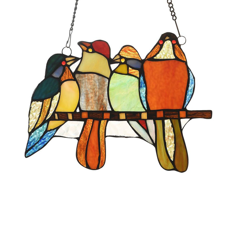 CHLOE Lighting PERCHED BIRDS Tiffany-style Animal Design Window Panel 12" x 9"