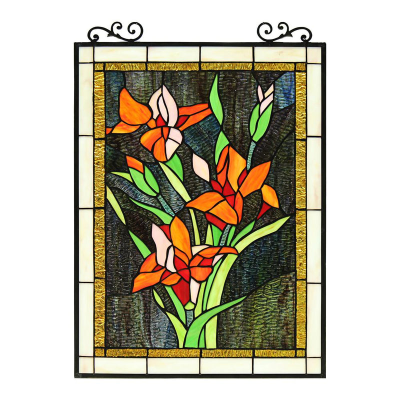 CHLOE Lighting ORANGE LILY Floral Tiffany-Style Stained Glass Verical Hanging Window Panel 24" Tall