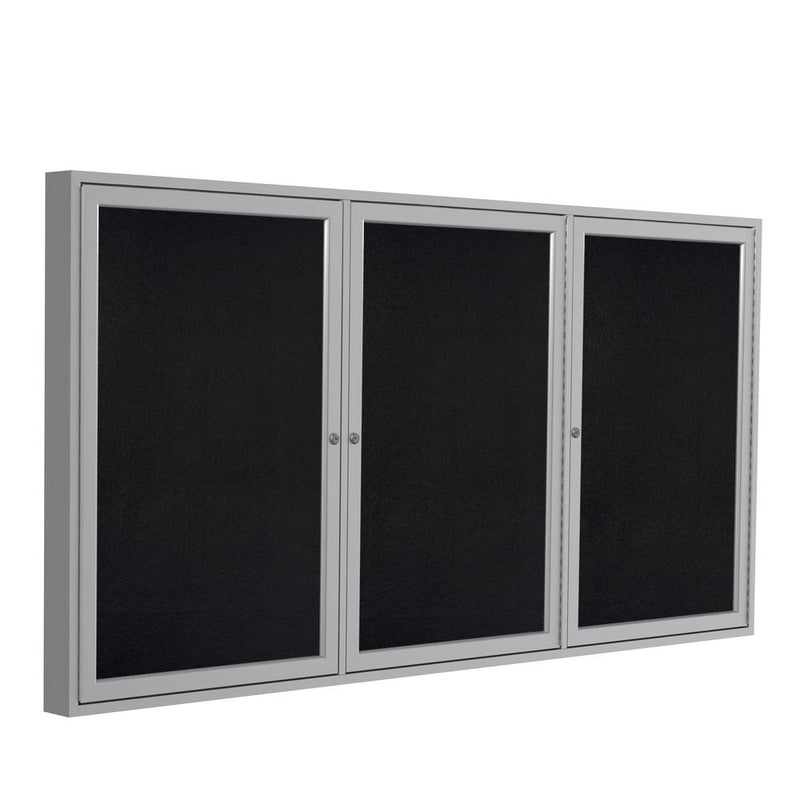 Ghent 3 Door Enclosed Recycled Rubber Bulletin Board with Satin Frame, 3'H x 6'W, Black