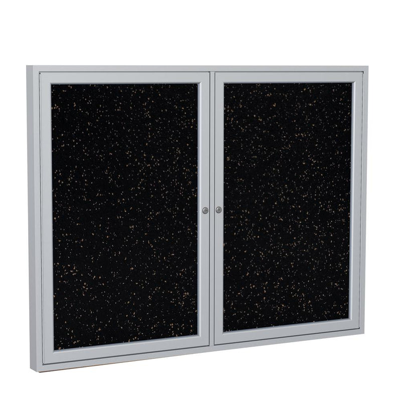 Ghent 2 Door Enclosed Recycled Rubber Bulletin Board with Satin Frame, 3'H x 4'W, Tan Speckled