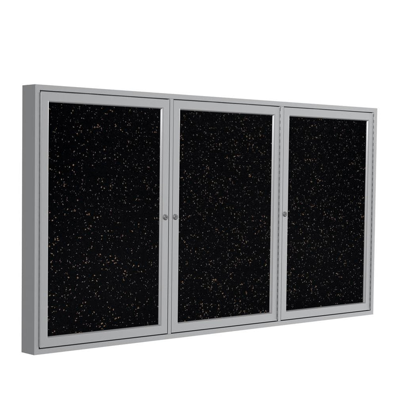 Ghent 3 Door Enclosed Recycled Rubber Bulletin Board with Satin Frame, 3'H x 6'W, Tan Speckled